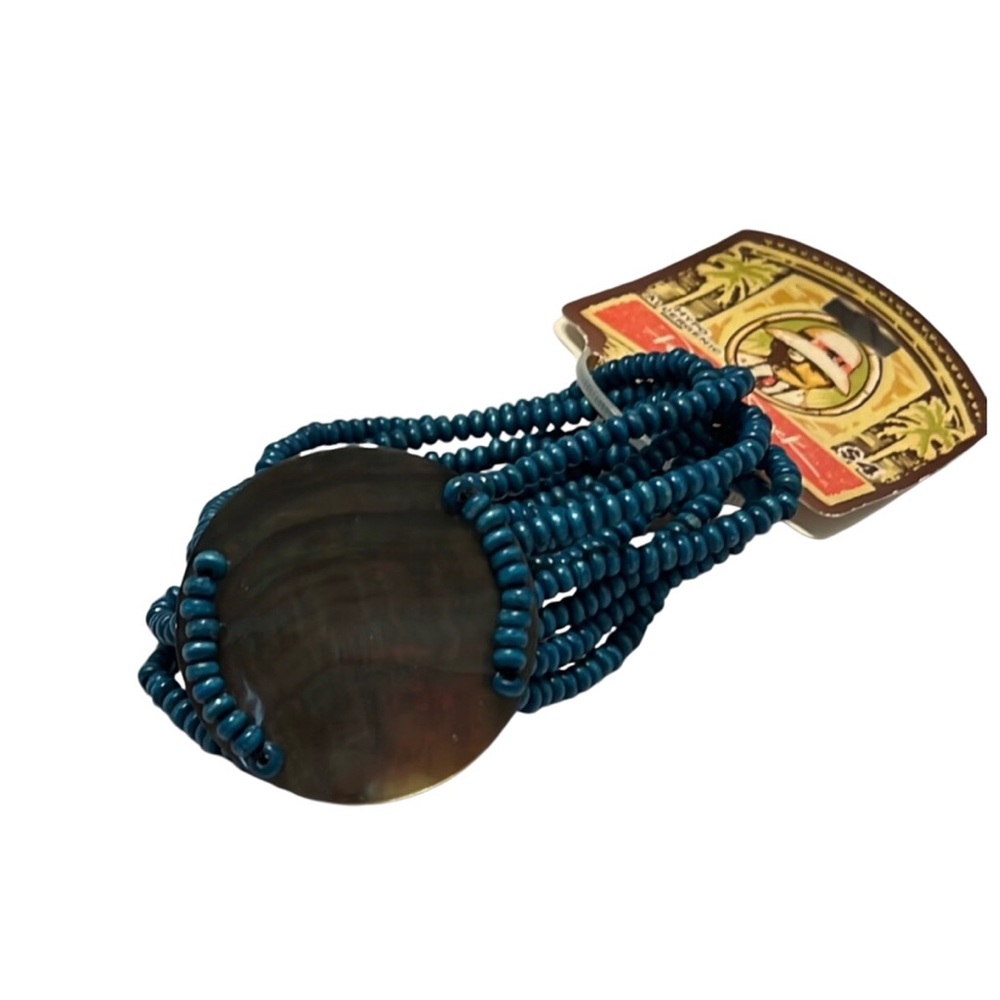 8 Strand Blue Beaded Stretch Bracelet with Large Shell Center